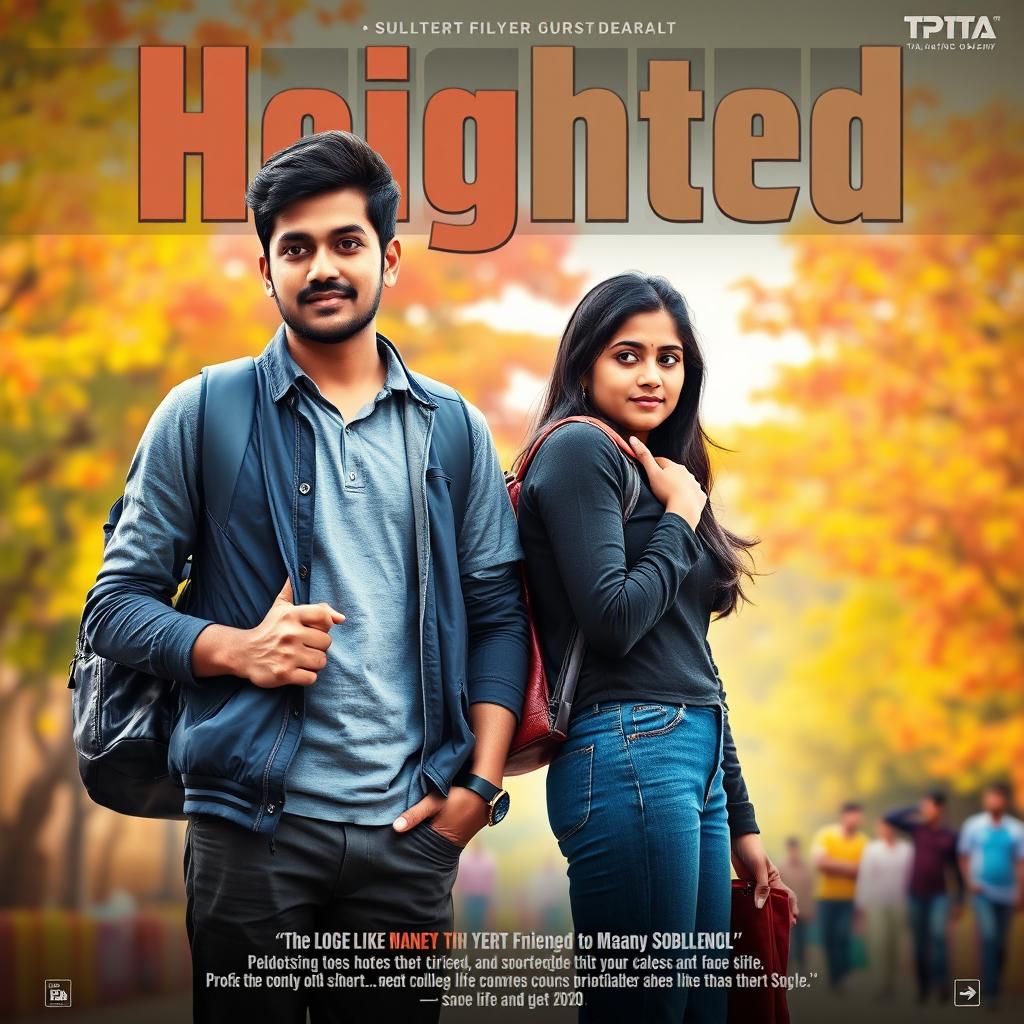 A cinematic film poster titled 'Heighted' featuring a short-heighted Indian 27-year-old college man with a college bag and a long-heighted Indian 27-year-old very simple shy college woman, also carrying a college bag