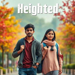 A cinematic film poster titled 'Heighted' featuring a short-heighted Indian 27-year-old college man with a college bag and a long-heighted Indian 27-year-old very simple shy college woman, also carrying a college bag