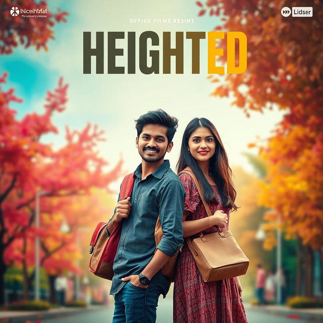 A cinematic film poster titled 'Heighted' featuring a short-heighted Indian 27-year-old college man with a college bag and a long-heighted Indian 27-year-old very simple shy college woman, also carrying a college bag