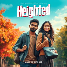 A cinematic film poster titled 'Heighted' featuring a short-heighted Indian 27-year-old college man with a college bag and a long-heighted Indian 27-year-old very simple shy college woman, also carrying a college bag