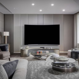 An exquisite living room featuring a state-of-the-art curved television, elegantly positioned amidst stylish furniture.