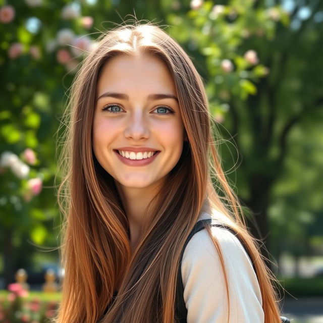 A portrait of a beautiful 20-year-old woman with long brown hair and bright blue eyes, smiling warmly