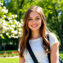 A portrait of a beautiful 20-year-old woman with long brown hair and bright blue eyes, smiling warmly