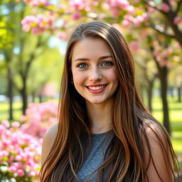 A portrait of a beautiful 20-year-old woman with long brown hair and bright blue eyes, smiling warmly