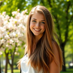 A portrait of a beautiful 20-year-old woman with long brown hair and bright blue eyes, smiling warmly