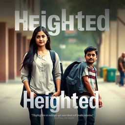 A cinematic film poster titled 'Heighted', featuring a tall, simple, and shy 27-year-old Indian woman with long hair, dressed in casual college attire, carrying a college bag