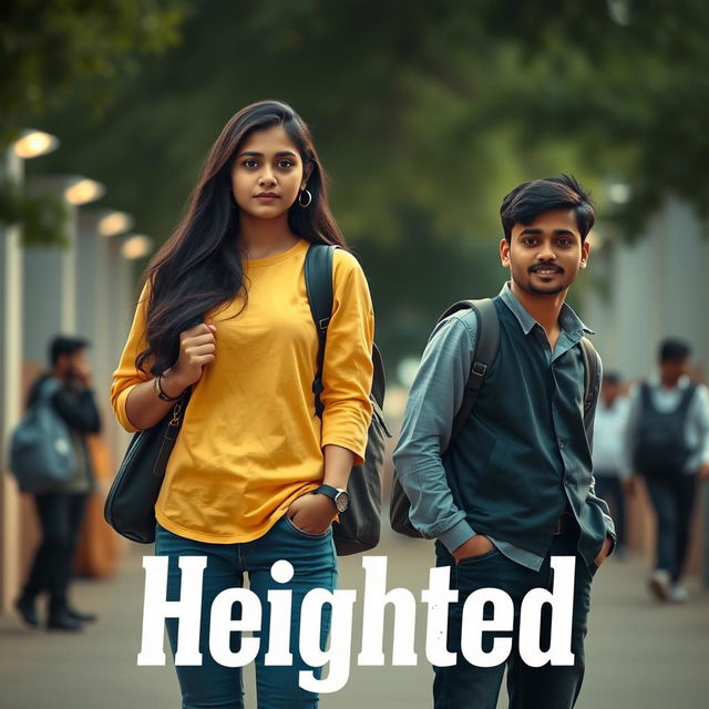 A cinematic film poster titled 'Heighted', featuring a tall, simple, and shy 27-year-old Indian woman with long hair, dressed in casual college attire, carrying a college bag