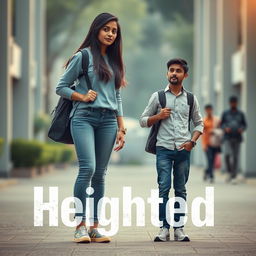 A cinematic film poster titled 'Heighted', featuring a tall, simple, and shy 27-year-old Indian woman with long hair, dressed in casual college attire, carrying a college bag