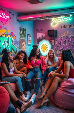 A vibrant and dynamic scene of a trans black teenage girl hanging out with her friends in a cool, vibey room