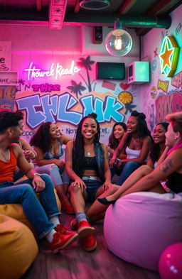 A vibrant and dynamic scene of a trans black teenage girl hanging out with her friends in a cool, vibey room