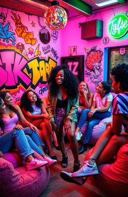 A vibrant and dynamic scene of a trans black teenage girl hanging out with her friends in a cool, vibey room