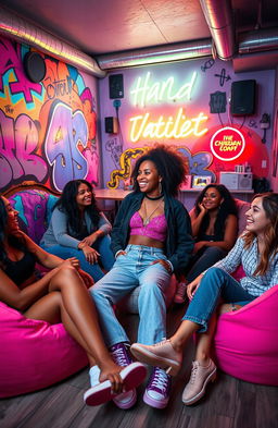 A vibrant and dynamic scene of a trans black teenage girl hanging out with her friends in a cool, vibey room