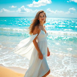 A beautiful twenty-year-old woman standing by the sea, wearing a flowing white sundress that billows in the ocean breeze