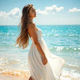 A beautiful twenty-year-old woman standing by the sea, wearing a flowing white sundress that billows in the ocean breeze