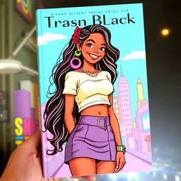 A vibrant book cover featuring a confident and stylish trans black girl