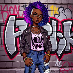 A striking character design of a trans Black girl with an edgy, confident aura