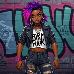 A striking character design of a trans Black girl with an edgy, confident aura