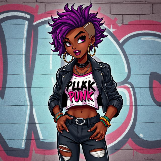 A striking character design of a trans Black girl with an edgy, confident aura