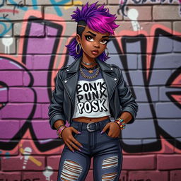 A striking character design of a trans Black girl with an edgy, confident aura