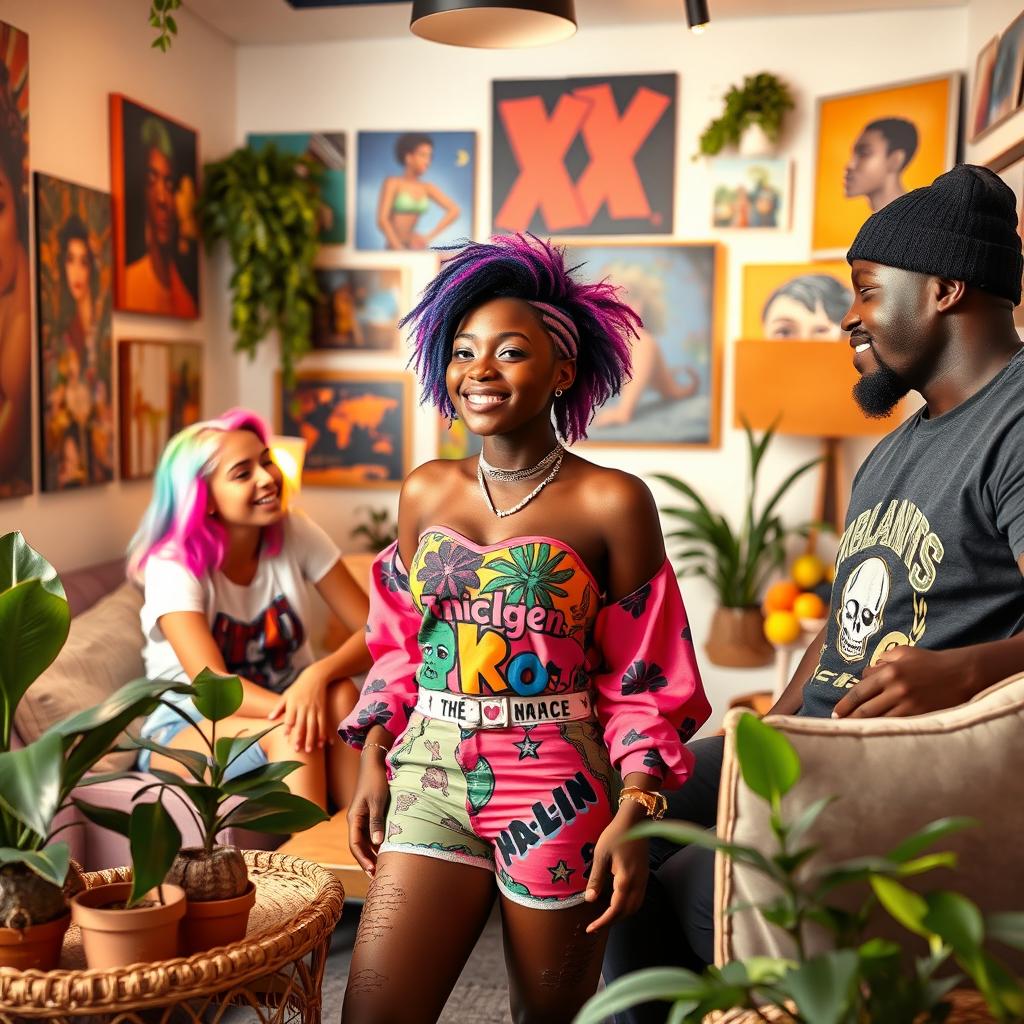 A trans black girl with stylish hair and vibrant clothing, radiating confidence, surrounded by her diverse group of friends in a cool, contemporary room filled with art and unique furniture