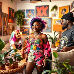 A trans black girl with stylish hair and vibrant clothing, radiating confidence, surrounded by her diverse group of friends in a cool, contemporary room filled with art and unique furniture