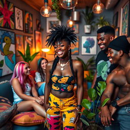 A trans black girl with stylish hair and vibrant clothing, radiating confidence, surrounded by her diverse group of friends in a cool, contemporary room filled with art and unique furniture