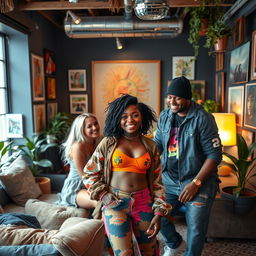 A trans black girl with stylish hair and vibrant clothing, radiating confidence, surrounded by her diverse group of friends in a cool, contemporary room filled with art and unique furniture