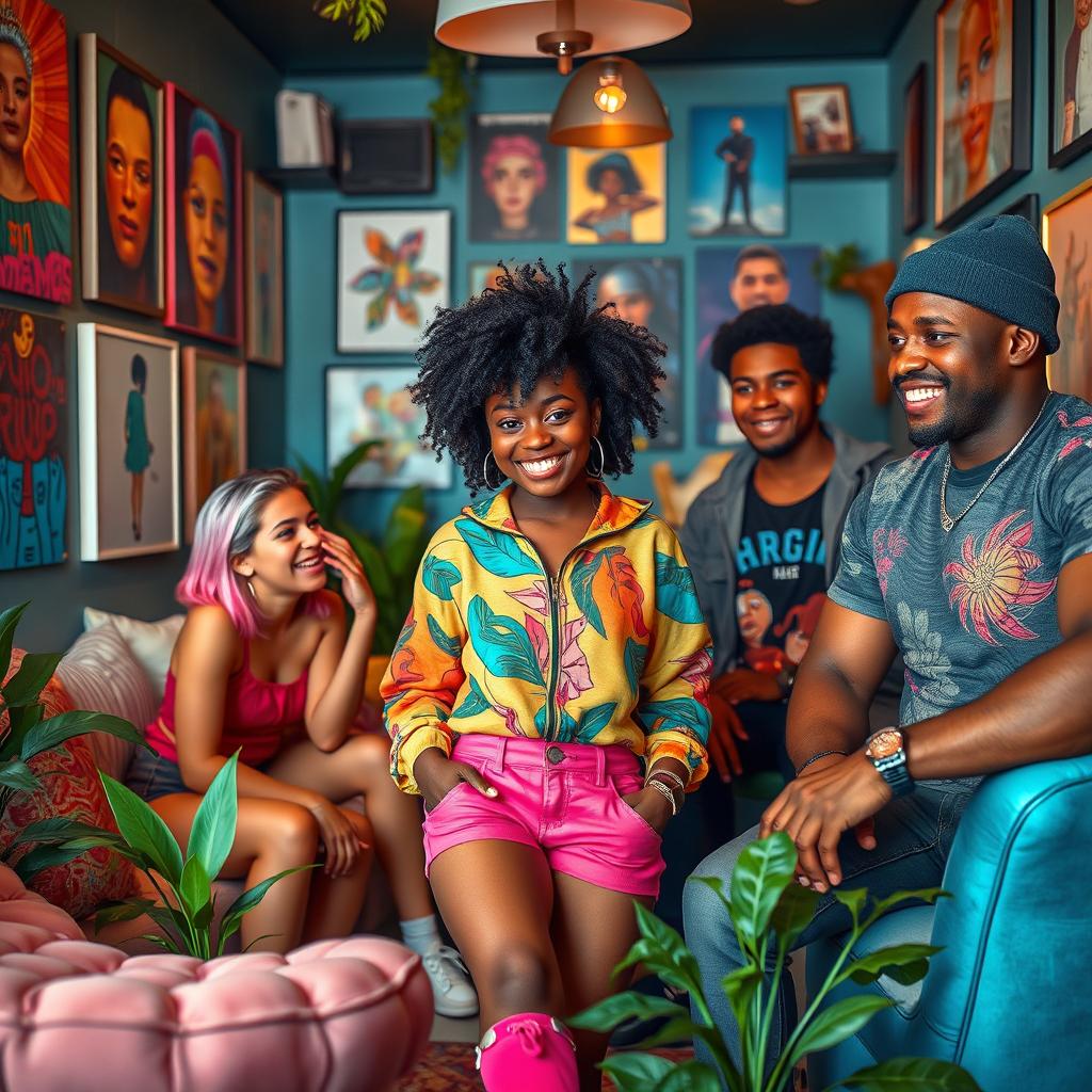 A trans black girl with stylish hair and vibrant clothing, radiating confidence, surrounded by her diverse group of friends in a cool, contemporary room filled with art and unique furniture