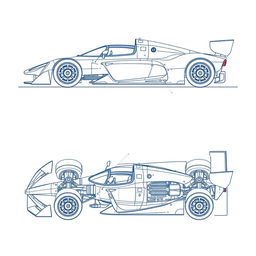 A detailed blueprint of a sleek race car, featuring a front view, side view, and top view