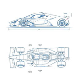 A detailed blueprint of a sleek race car, featuring a front view, side view, and top view