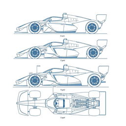 A detailed blueprint of a sleek race car, featuring a front view, side view, and top view