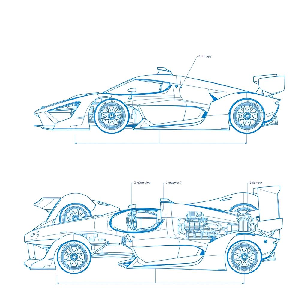 A detailed blueprint of a sleek race car, featuring a front view, side view, and top view