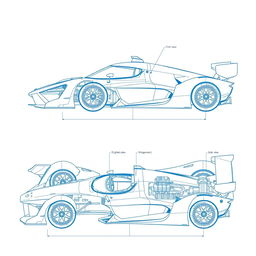 A detailed blueprint of a sleek race car, featuring a front view, side view, and top view