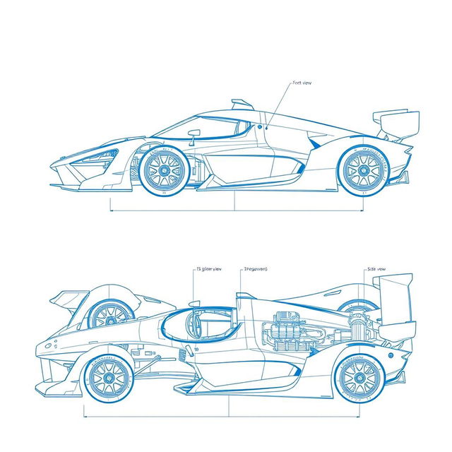 A detailed blueprint of a sleek race car, featuring a front view, side view, and top view