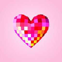 A colorful, pixelated heart design, featuring vibrant shades of red, pink, and purple with a glossy finish