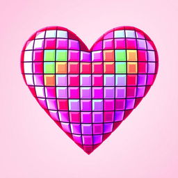 A colorful, pixelated heart design, featuring vibrant shades of red, pink, and purple with a glossy finish