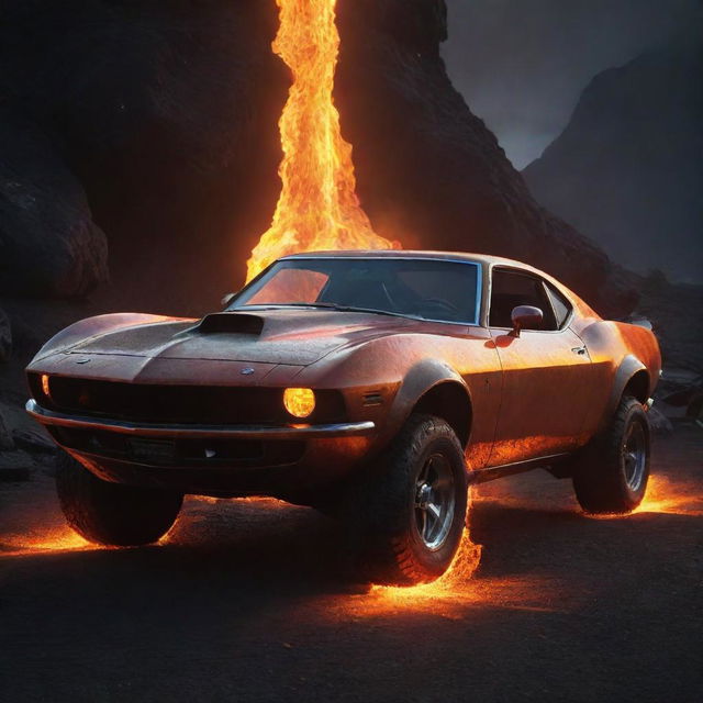 A hot, dynamic scene featuring a stylized car forged from bright, molten magma, giving off a radiant glow against a dark, volcanic background