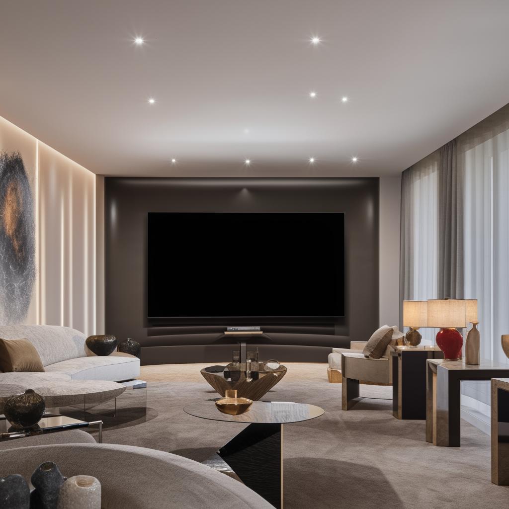 An exquisite living room featuring a state-of-the-art curved television, elegantly positioned amidst stylish furniture.