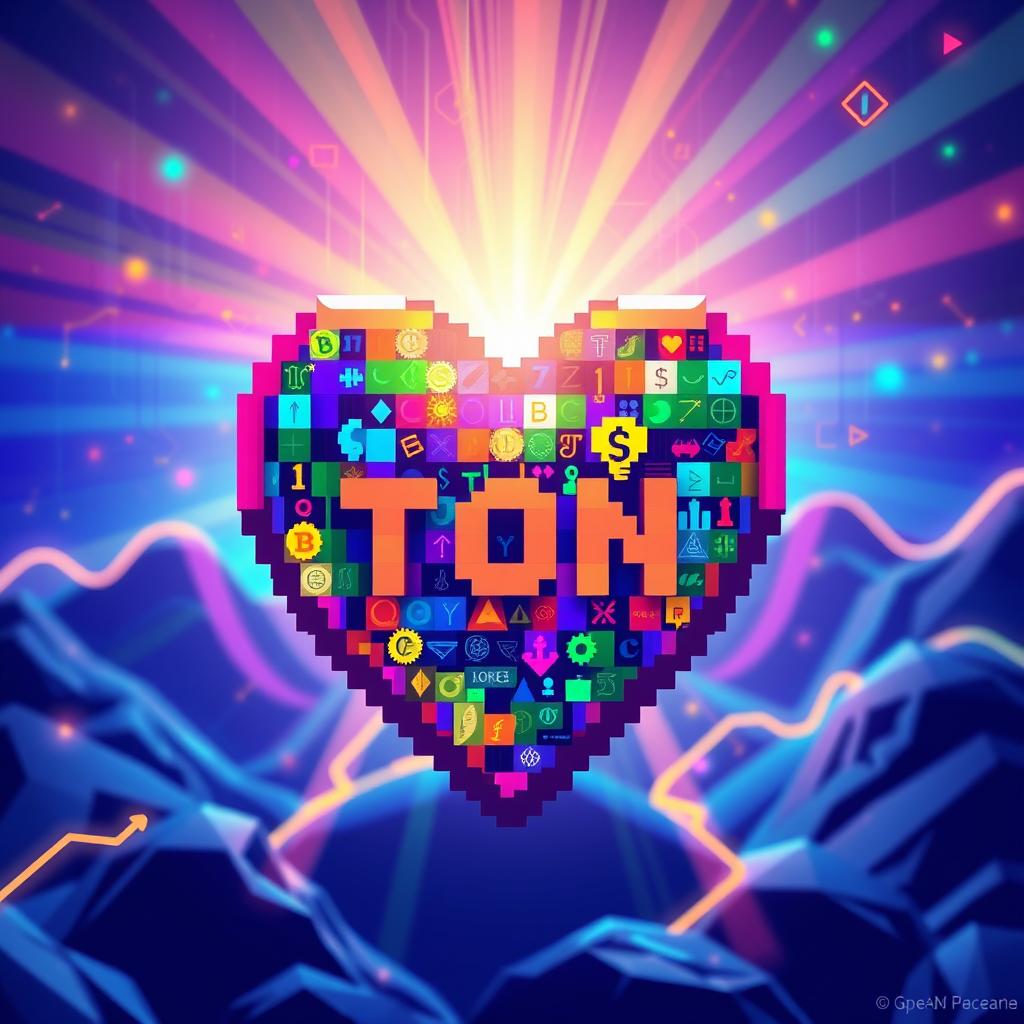 A vibrant, artistic representation of a heart symbol made from pixel art style, incorporating elements of cryptocurrency, specifically representing the Pixel TON crypto