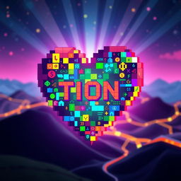 A vibrant, artistic representation of a heart symbol made from pixel art style, incorporating elements of cryptocurrency, specifically representing the Pixel TON crypto