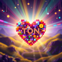 A vibrant, artistic representation of a heart symbol made from pixel art style, incorporating elements of cryptocurrency, specifically representing the Pixel TON crypto