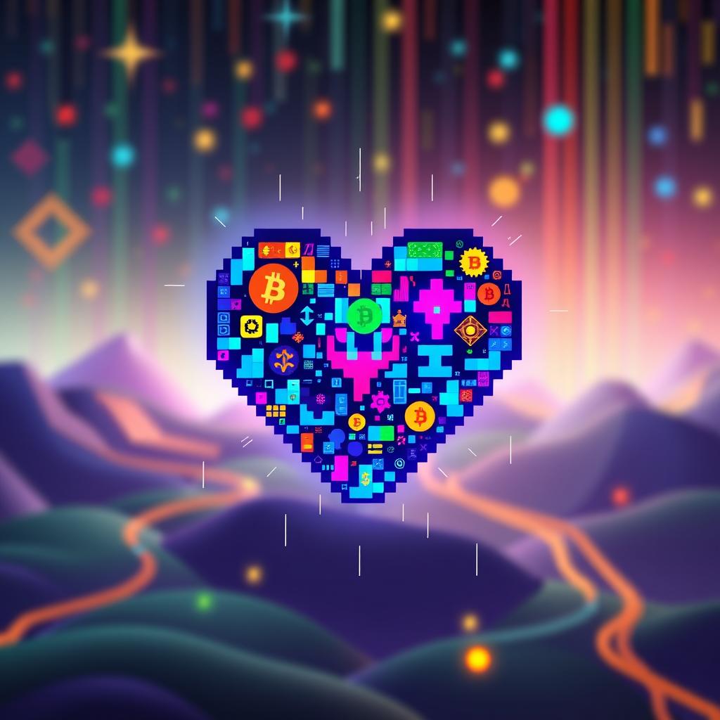 A vibrant, artistic representation of a heart symbol made from pixel art style, incorporating elements of cryptocurrency, specifically representing the Pixel TON crypto