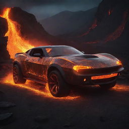 A hot, dynamic scene featuring a stylized car forged from bright, molten magma, giving off a radiant glow against a dark, volcanic background