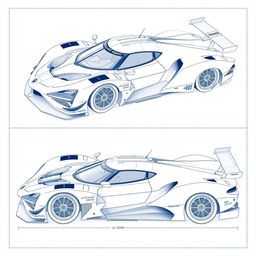 A detailed blueprint of a Le Mans hypercar, showcasing a sleek and aerodynamic race car design