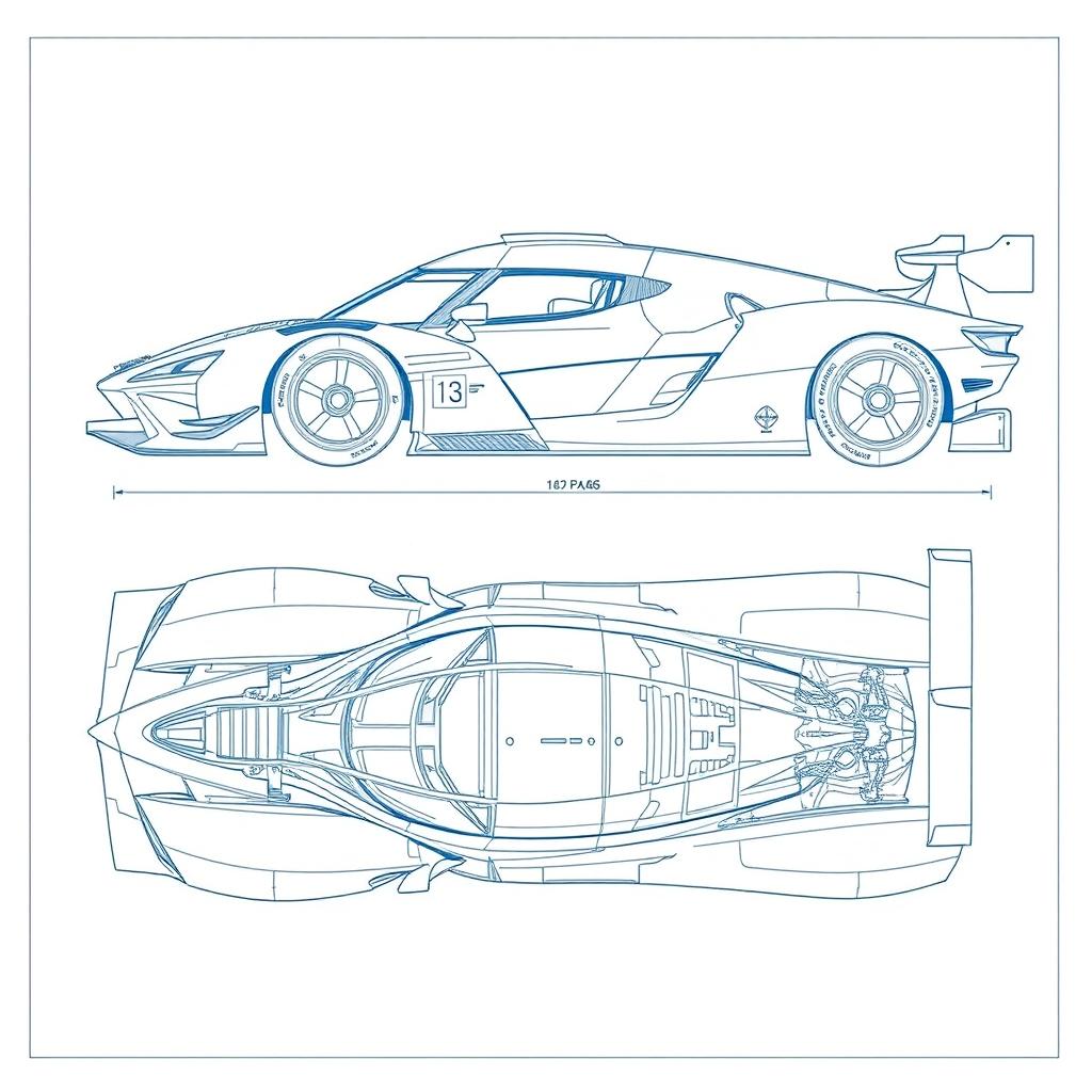 A detailed blueprint of a Le Mans hypercar, showcasing a sleek and aerodynamic race car design