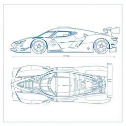 A detailed blueprint of a Le Mans hypercar, showcasing a sleek and aerodynamic race car design