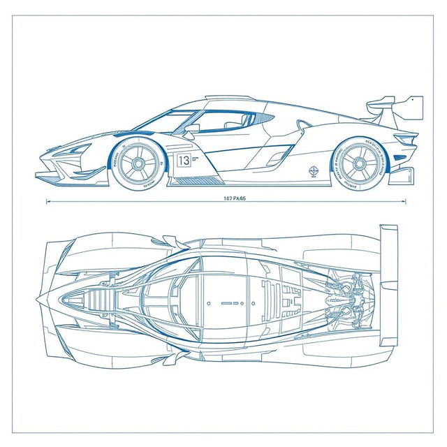 A detailed blueprint of a Le Mans hypercar, showcasing a sleek and aerodynamic race car design