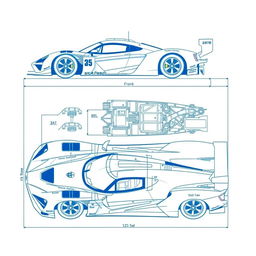 A detailed blueprint of a Le Mans hypercar, showcasing a sleek and aerodynamic race car design