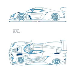 A detailed blueprint of a Le Mans hypercar, showcasing a sleek and aerodynamic race car design