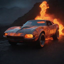 A hot, dynamic scene featuring a stylized car forged from bright, molten magma, giving off a radiant glow against a dark, volcanic background